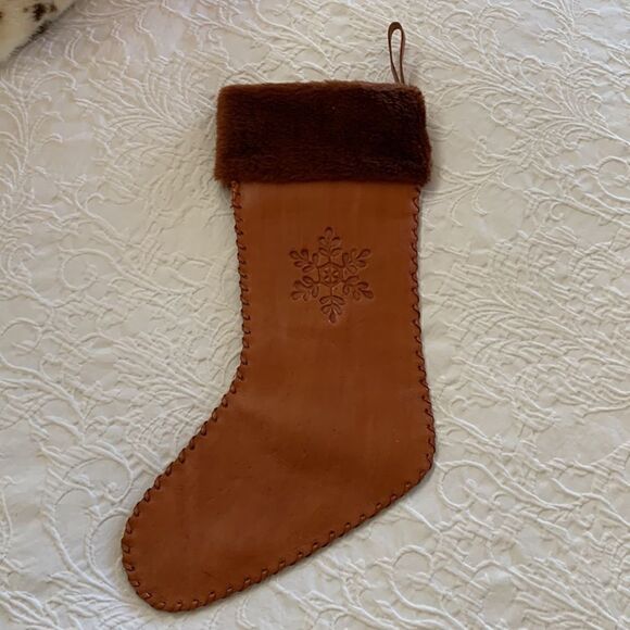‎Vintage Leather boho Handmade Christmas Snowflake Brown Fur Tooled Stocking - Picture 9 of 11